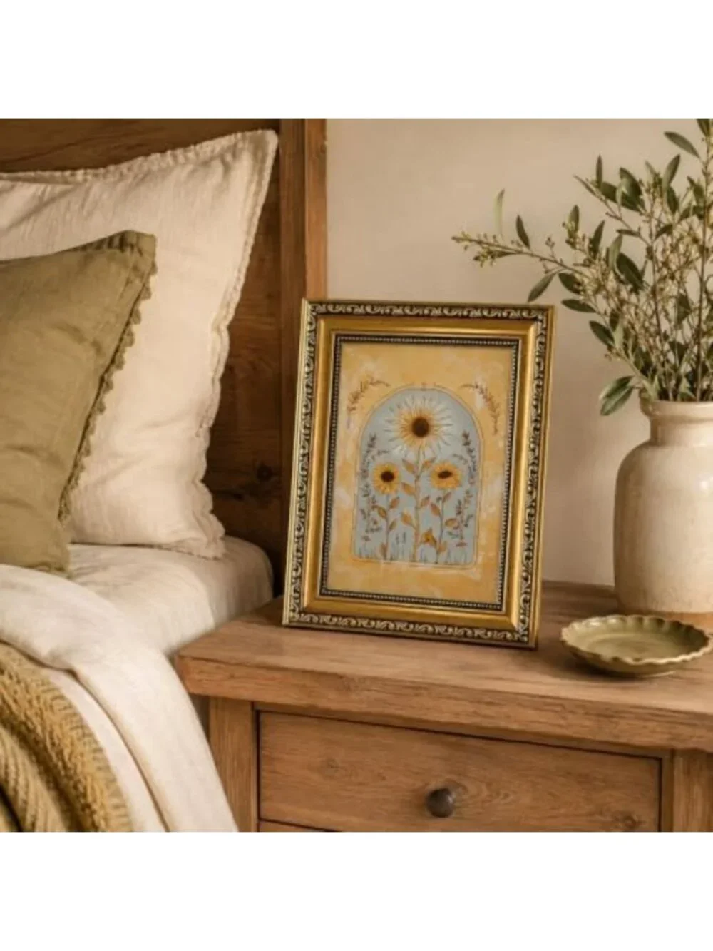 Vintage Yellow Sunflower Wall Art | Gold Framed Boho Botanical Decor